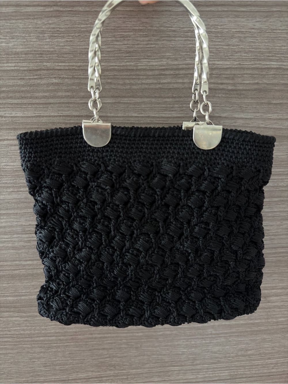 Black Woven Handbag with Silver Handles